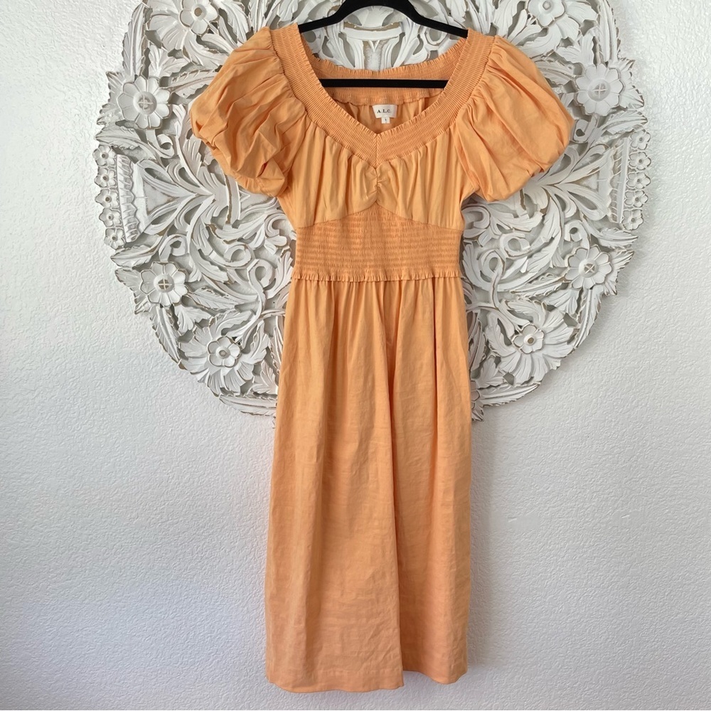 {A.L.C.} Adena Smocked Off-Shoulder Puff-Sleeve Dress, Cantaloupe, Size 4
